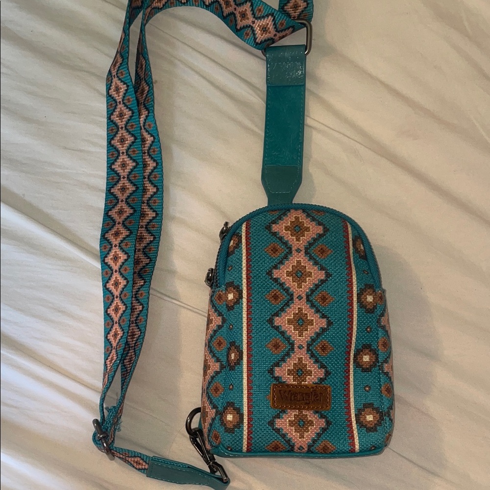 Wrangler Turquoise and Peach Geometric Crossbody Bag